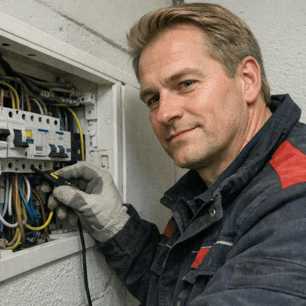 Techniker prüft eine Hausverteilung mit Messspitzen im Flur eines Wohnhauses