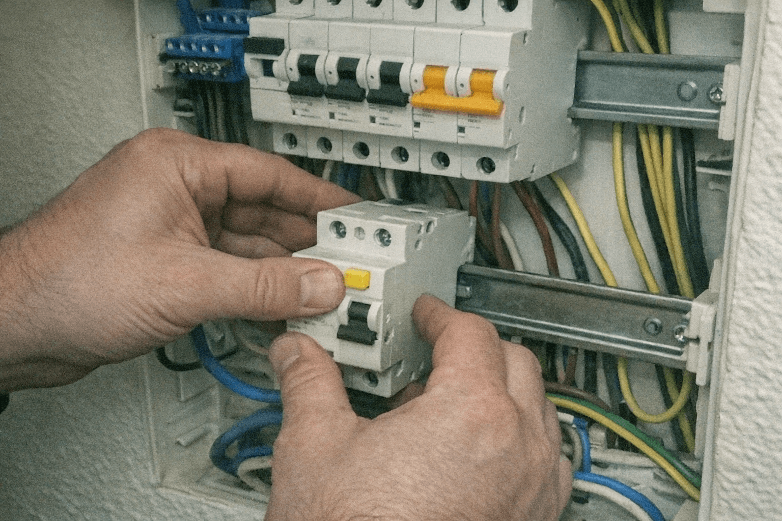 Hand setzt einen neuen FI-Schalter in einen modernisierten Verteiler ein