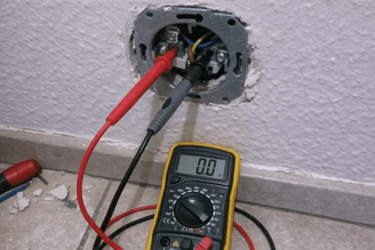 Prüfgerät im Einsatz an einer geöffneten Wandsteckdose
