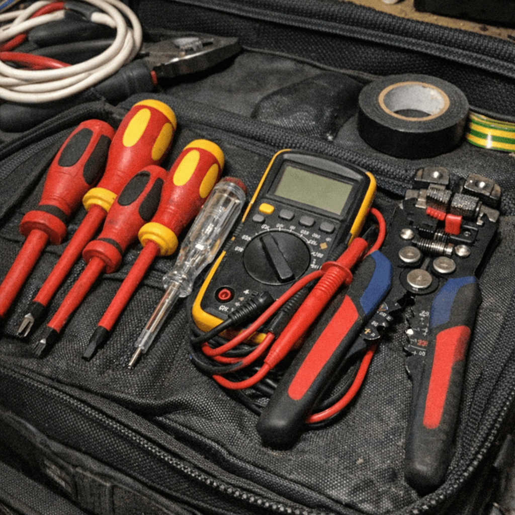 Werkzeugkoffer, Spannungsprüfer und Kabel auf einer Werkbank