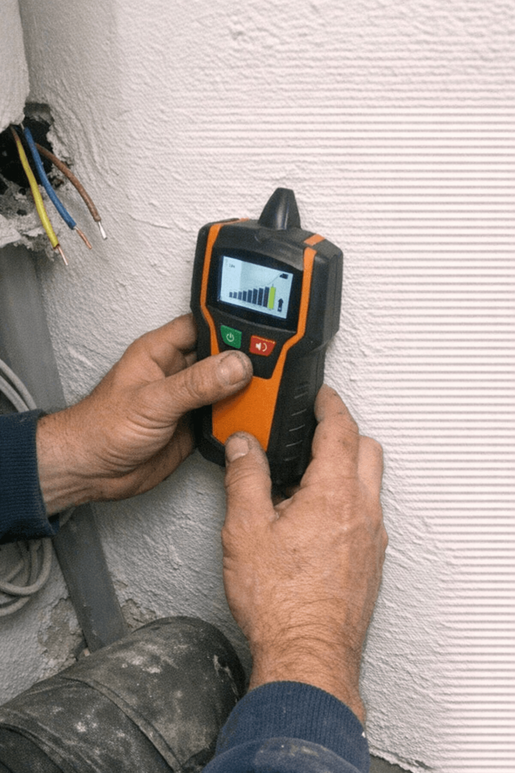 Leitungssucher zeigt Verlauf einer beschädigten Leitung an der Wand