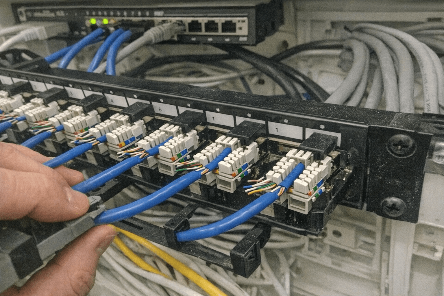 Technikschrank mit sauber verlegten Netzwerkkabeln