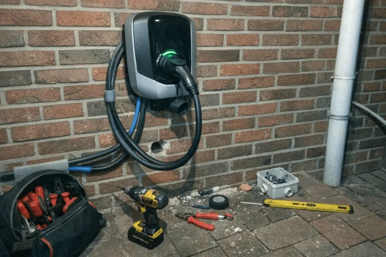 Installation einer modernen Ladestation für Elektroautos an der Hauswand