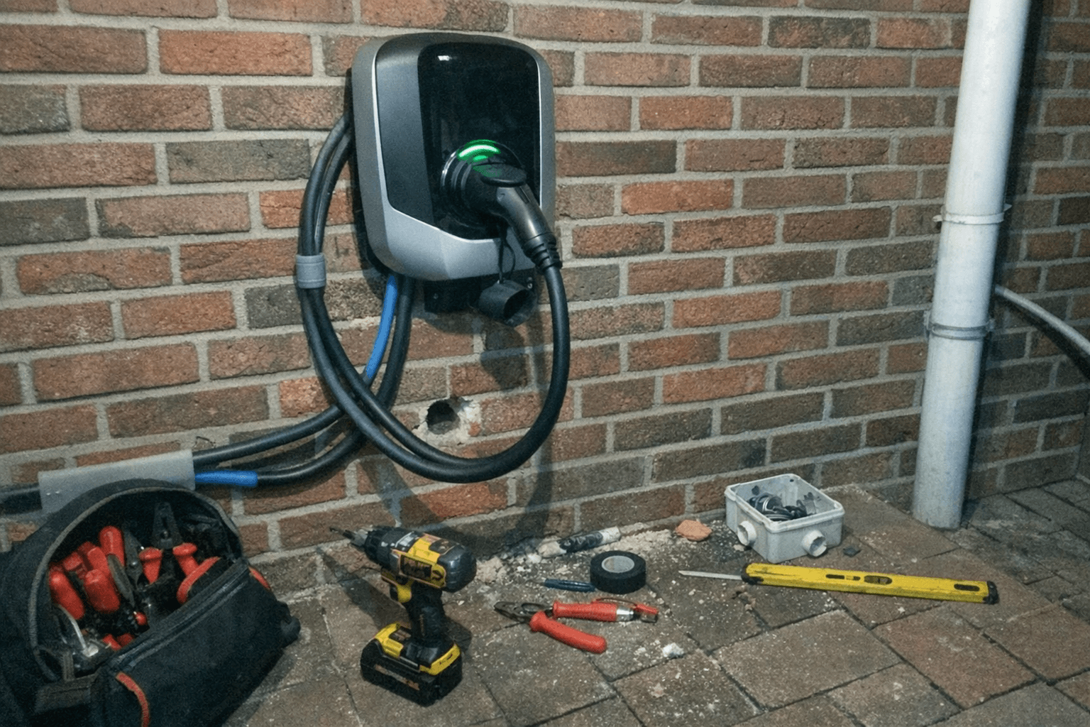Ladestation für ein Elektrofahrzeug wird an einer Garagenwand angeschlossen